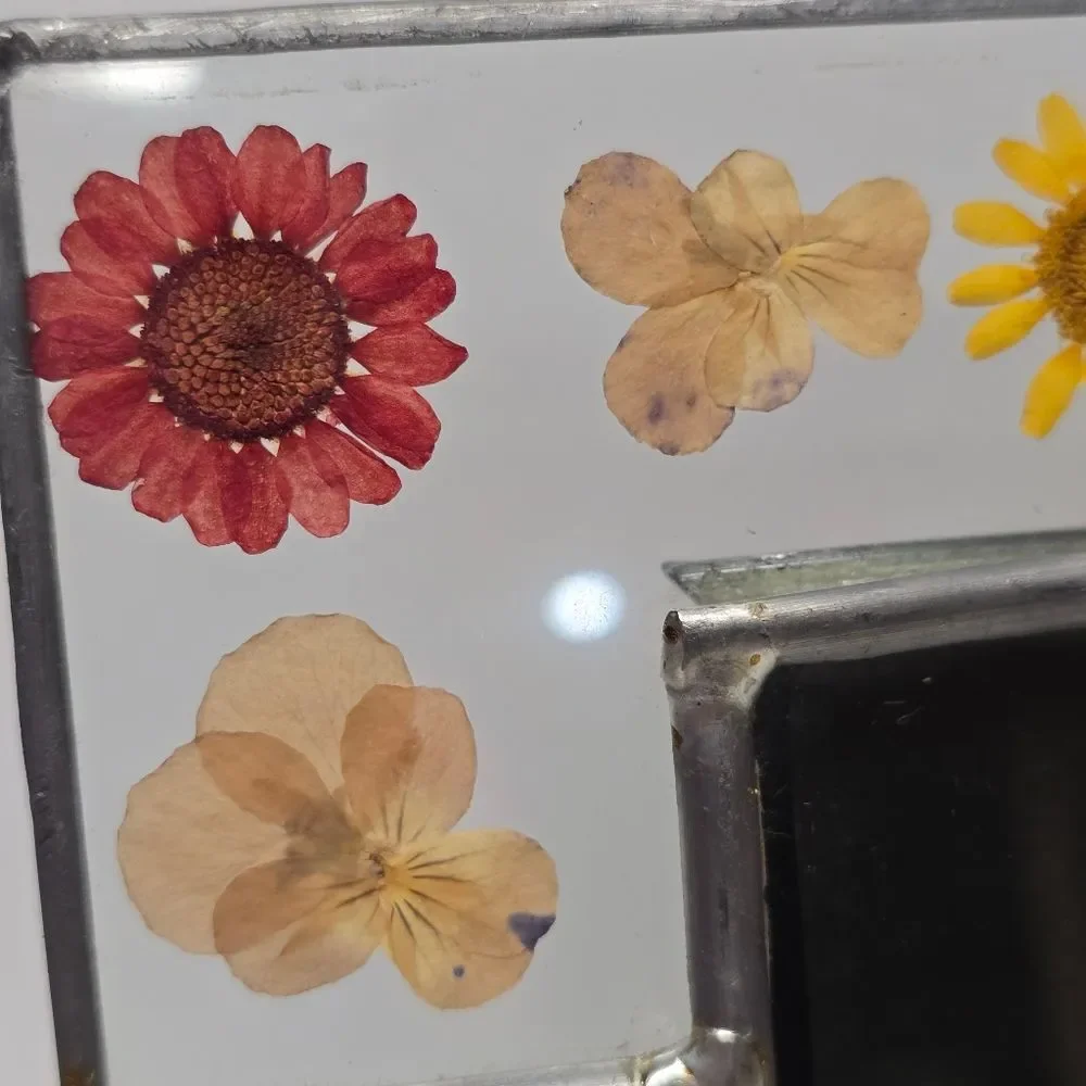 Vintage Stained Glass Pressed Dried Flowers  Picture Frame Cottage Summer Boho